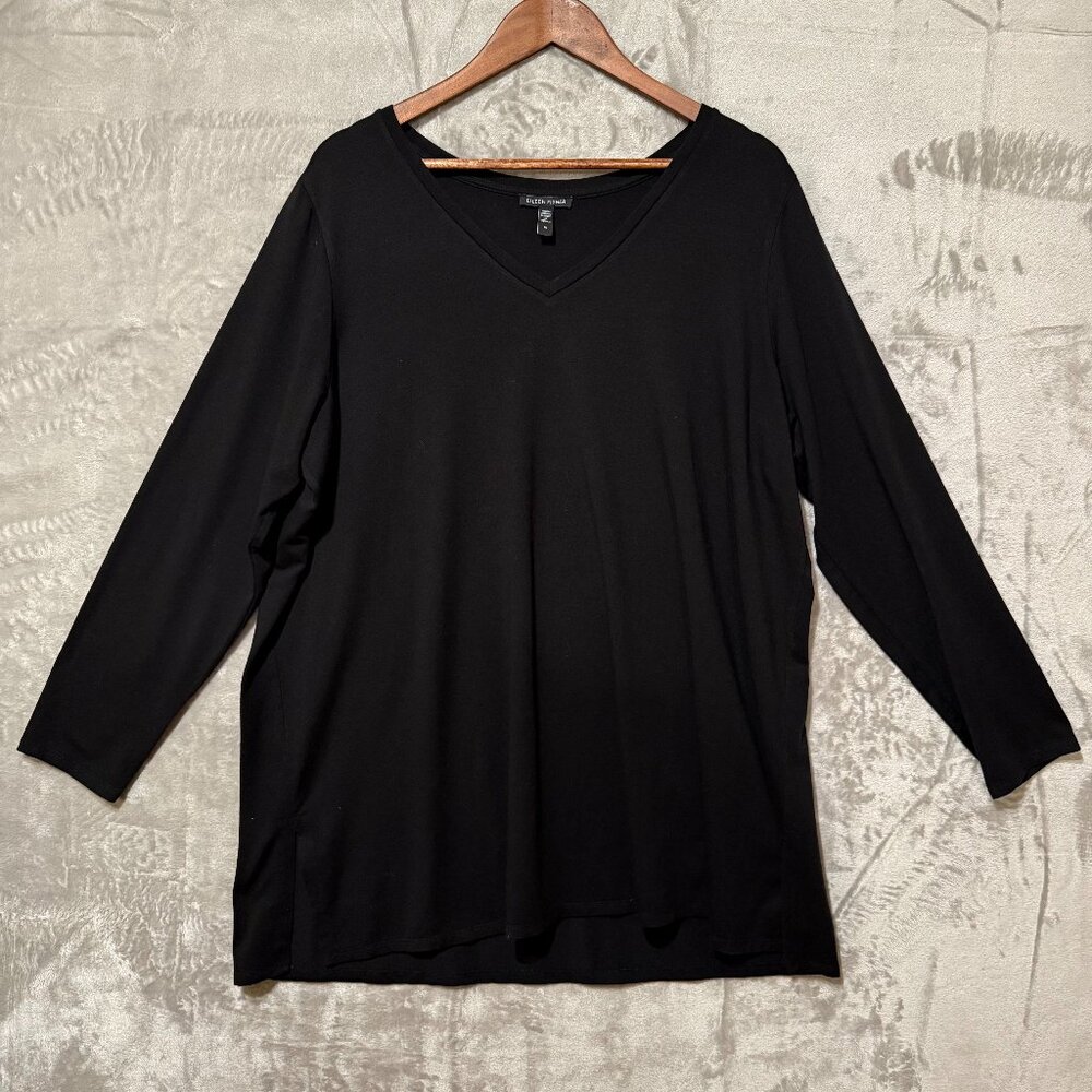 Eileen Fisher Black V-Neck Long Sleeve Tunic Top Womens 1X Stretch Knit